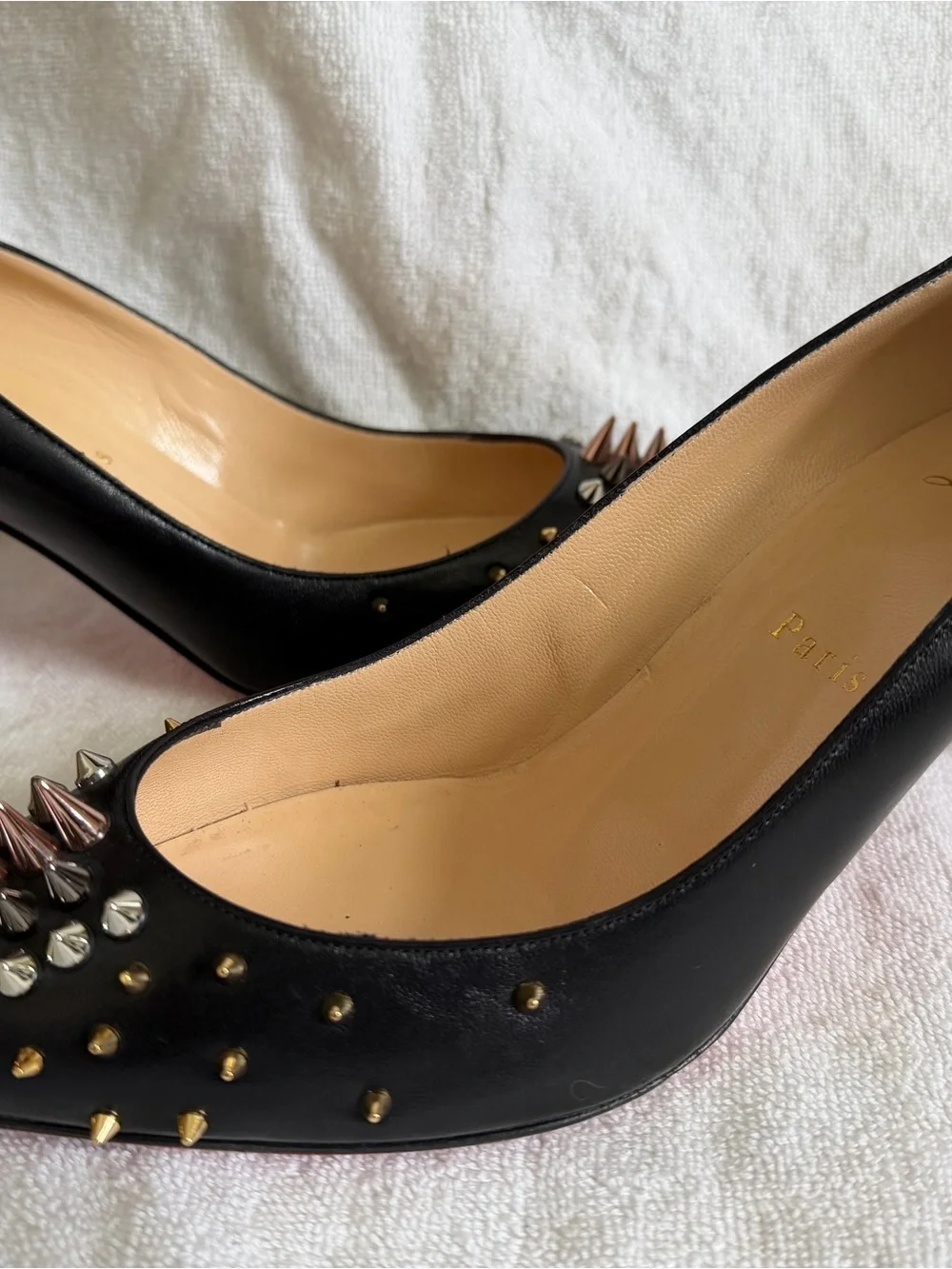 Christian Louboutin Black Pointed Spike-Embellished heels 3 inches - size 38.5